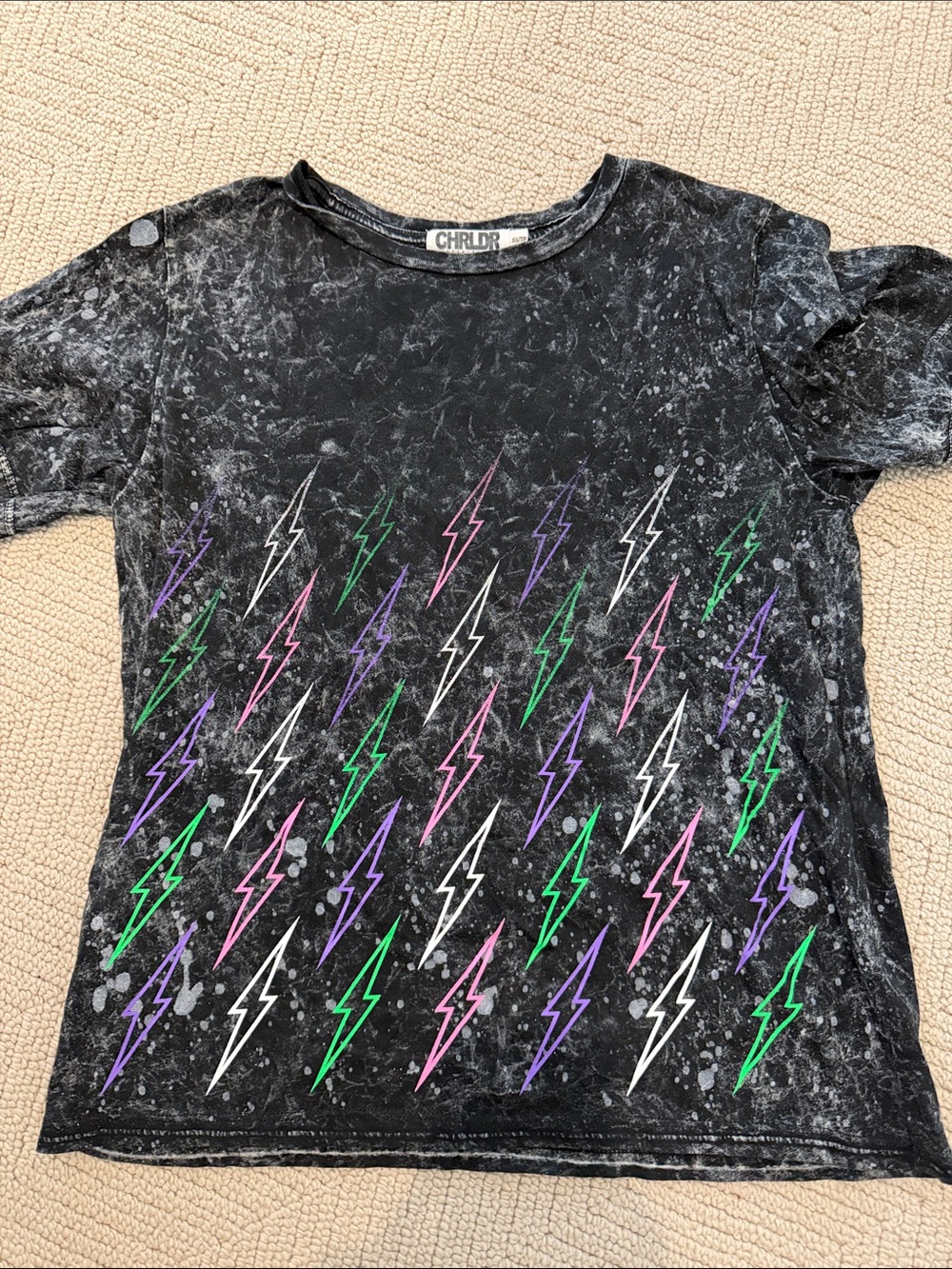 CHRLDR Black Tee with Pink Purple Green and White Lightning Bolts